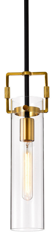 1-Light Black and Antique Gold Mini Pendant With Clear Cylindrical Glass ShadeFe