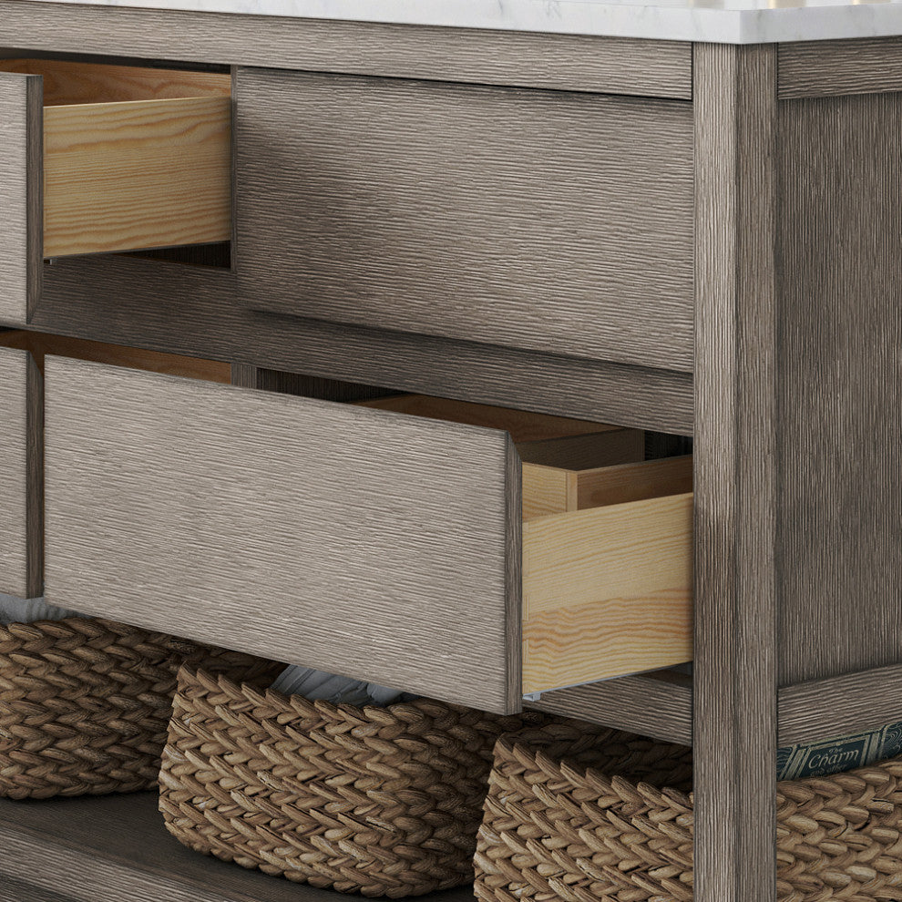 Oakman Marble Top Vanity in Grey Oak with Faucet, 72", Vanity With Chrome Faucet