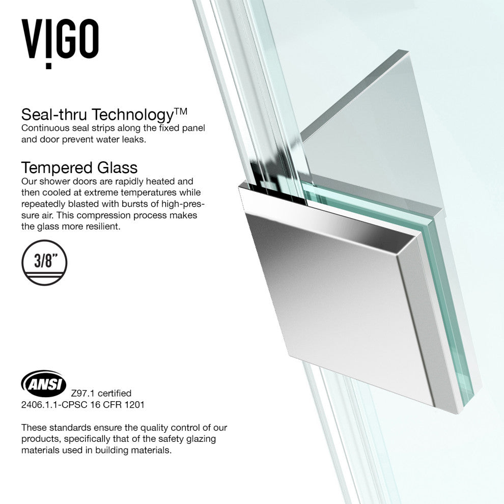 VIGO Monteray 32"D x 48"W x 79"H Frameless Hinged Shower Enclosure, Chrome, Left Base
