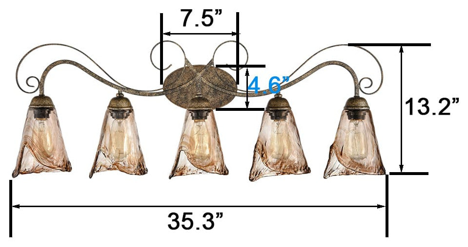 Art Deco Bathroom Vanity Lighting Amber Glass Shade - 5 Light