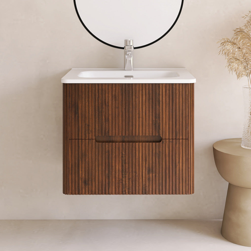 24 inch Wall-Mounted Bathroom Vanity Set with Ceramic Integrated Sink, Walnut