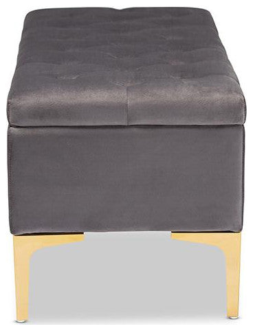 Grey Velvet Fabric Upholstered Gold Finished Button Tufted Storage Ottoman