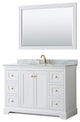 48" Single Bath Vanity, White, Carrara Countertop, Sink, 46" Mirror, Gold Trim