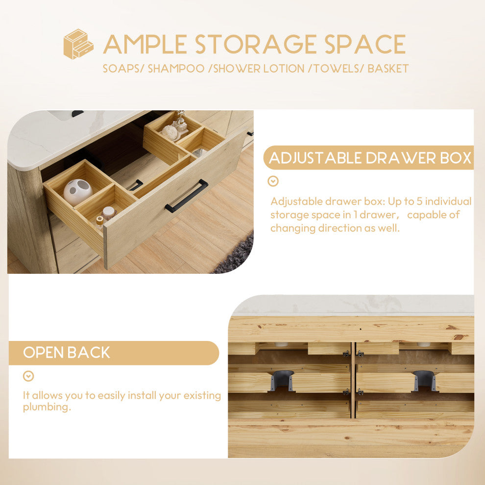 Porto Bath Vanity with White Quartz Stone Top, Natural Oak, 72 in., No Mirror