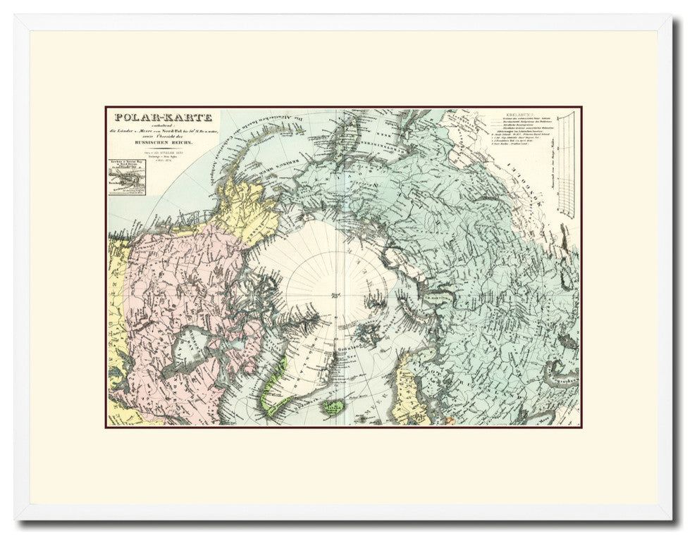North Pole Stieler Old Map Print On Canvas With Frame Art Collection 16" X 21"