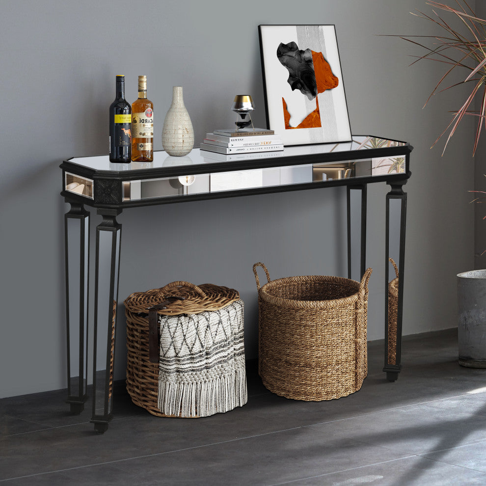 GDF Studio 48" Vintage Mirror Console Table, Wood Grain Carving, Black/Silver
