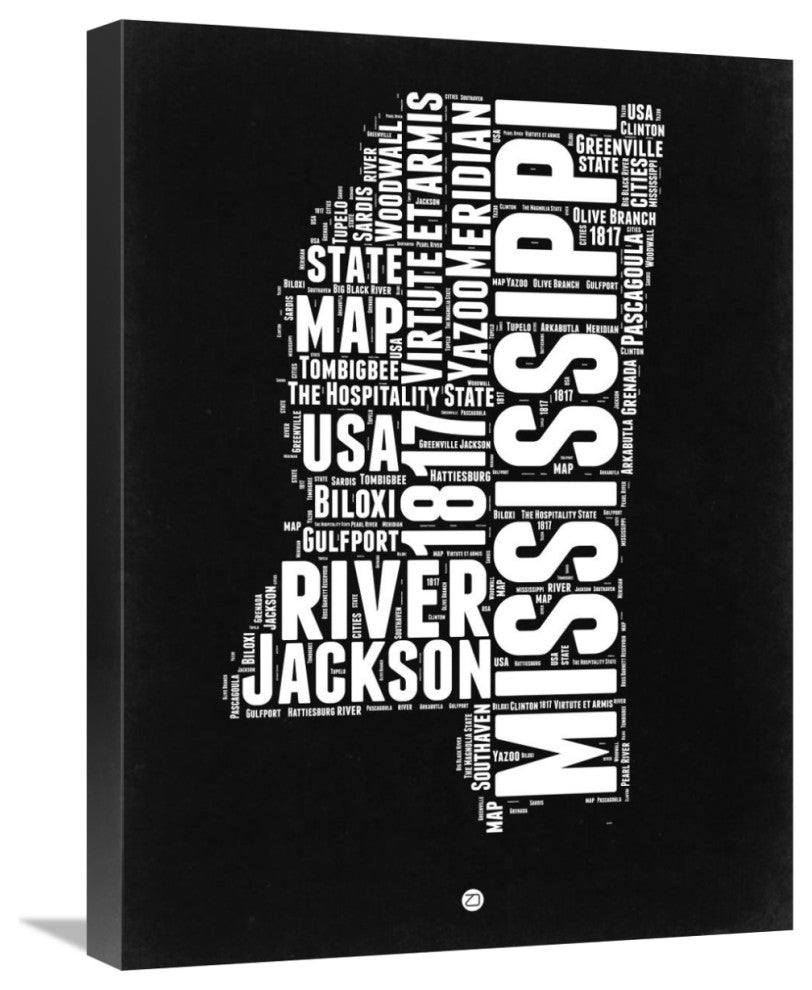 "Mississippi Black and White Map" Fine Art Print