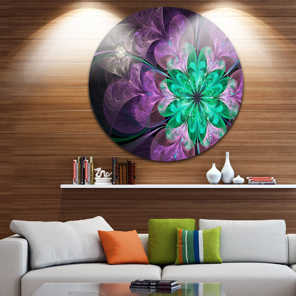 Glittering Purple Green Fractal Flower, Floral Round Metal Artwork, 23"