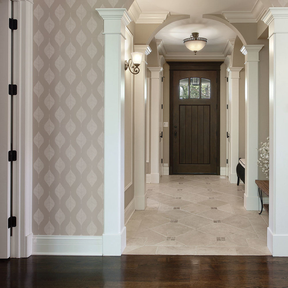 Line Leaves Peel and Stick Vinyl Wallpaper, Off White Warm Gray, 24"w X 60"h