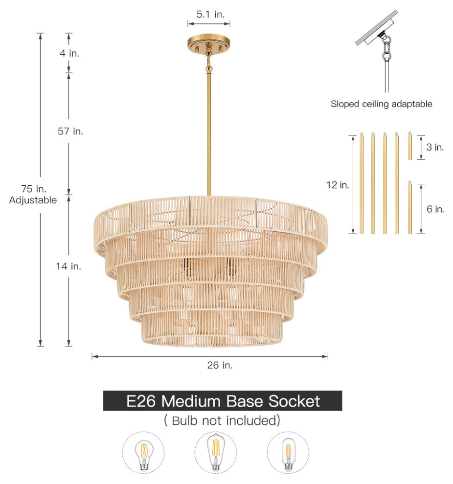 26" W 5-Light Brass Modern Bohemian Chandelier With Tiered Rattan Shade