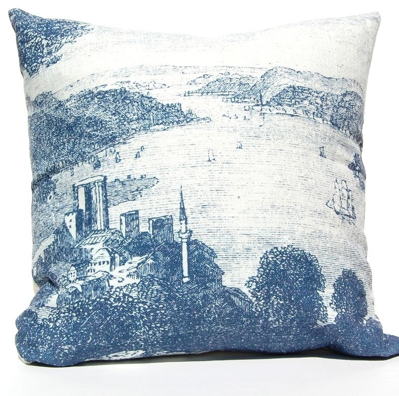 Ships in Harbor Engraving Pillow