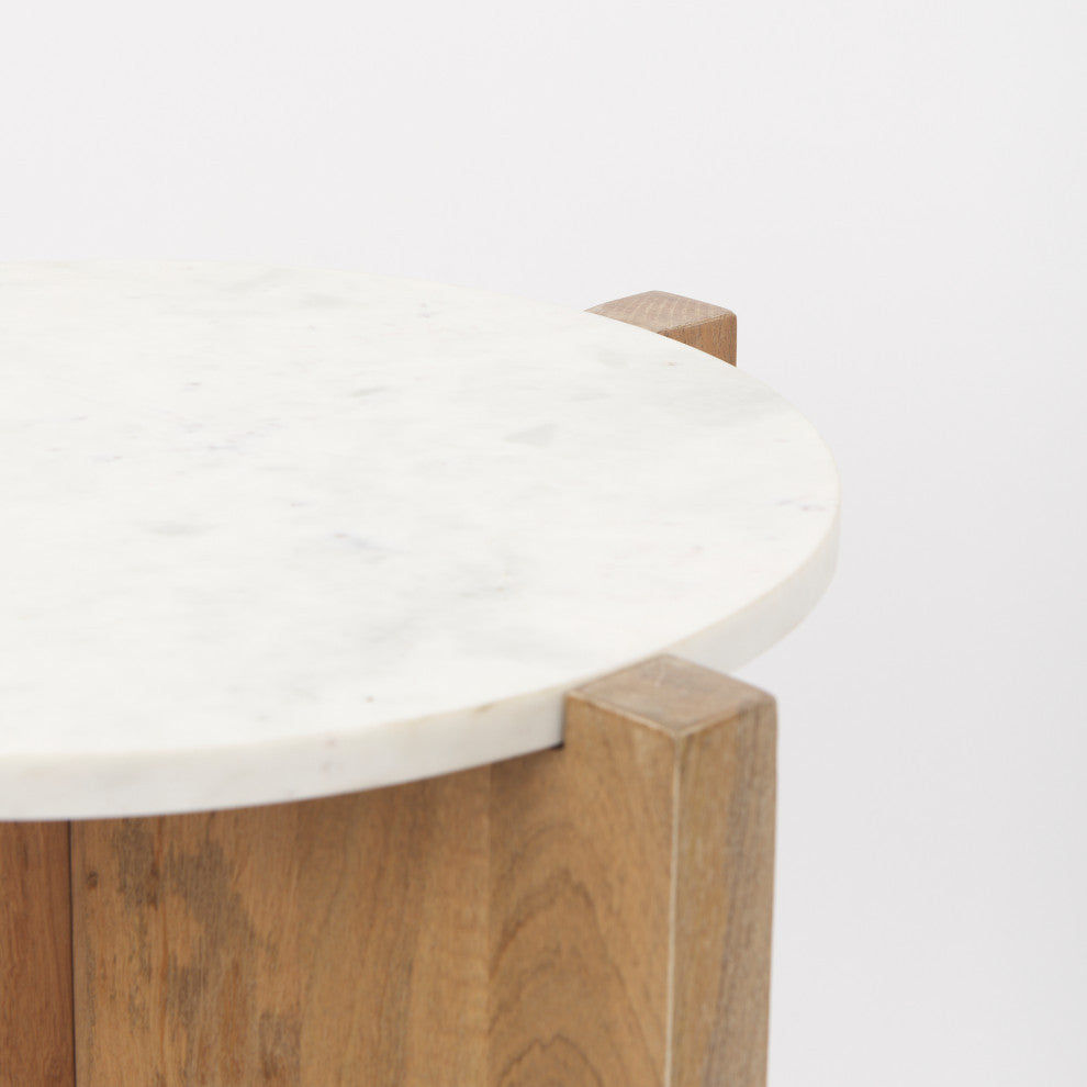Bianca Light Brown Solid Wood w/ White Marble Top Accent Table