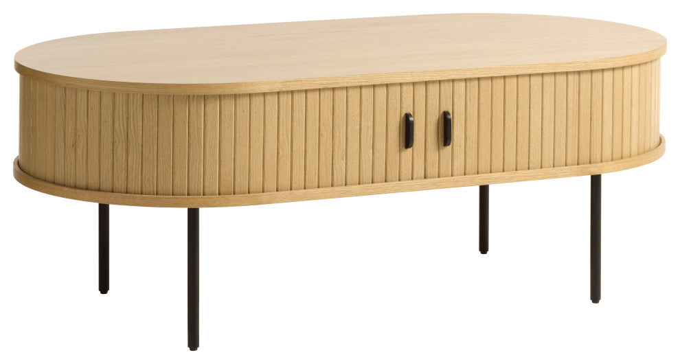 Mid-Century Modern Rounded Sliding Door Coffee Table 47x24, Natural Oak