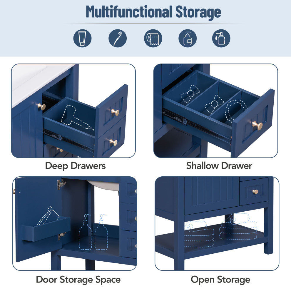 30 Inch Transitional Style Bathroom Vanity Cabinet Combo with Ceramic Sink, Blue