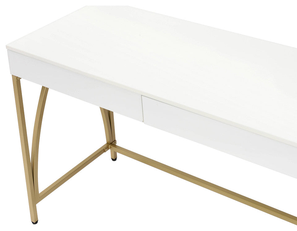 Acme Lightmane Vanity Desk, White High Gloss/Gold Finish