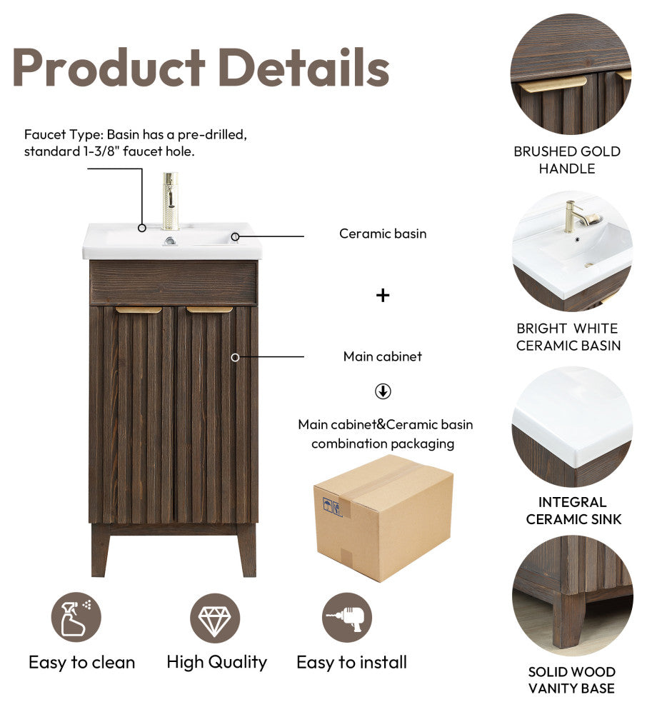 Palos Bathroom Vanity, Spruce Aged Brown, 18", Ceramic Top, No Mirror