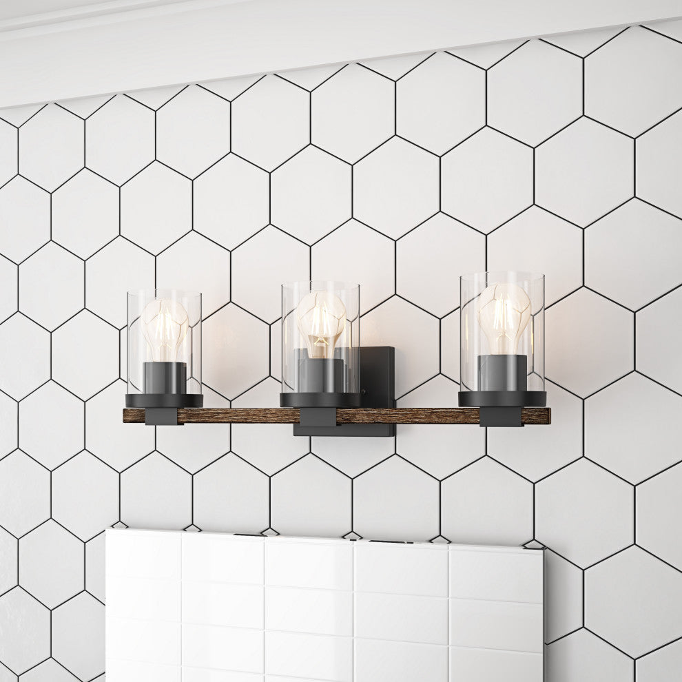 Farmhouse Black 3-Light Cylinder Clear Glass Vanity Light for Bathroom