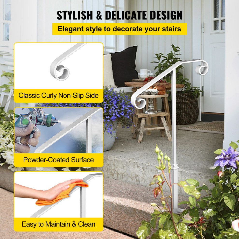 Single Post Handrail Wrought Iron Grab Supports Fits 1 or 2 Steps, White