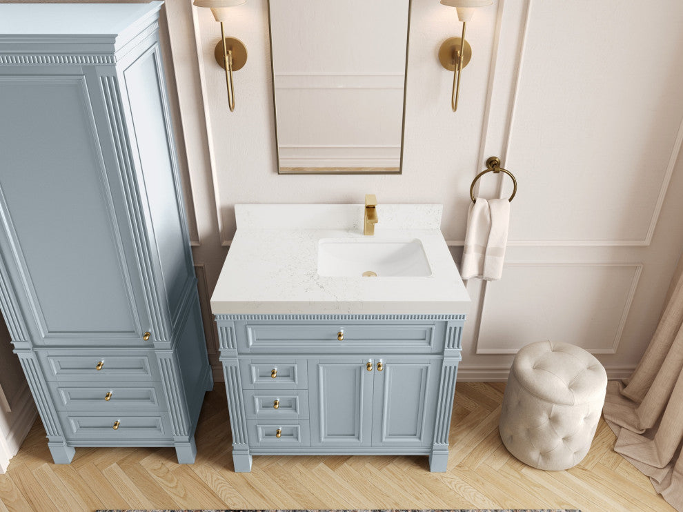 Paris 36" Right Offset Bathroom Vanity, Blue Heather 2" Empira Quartz