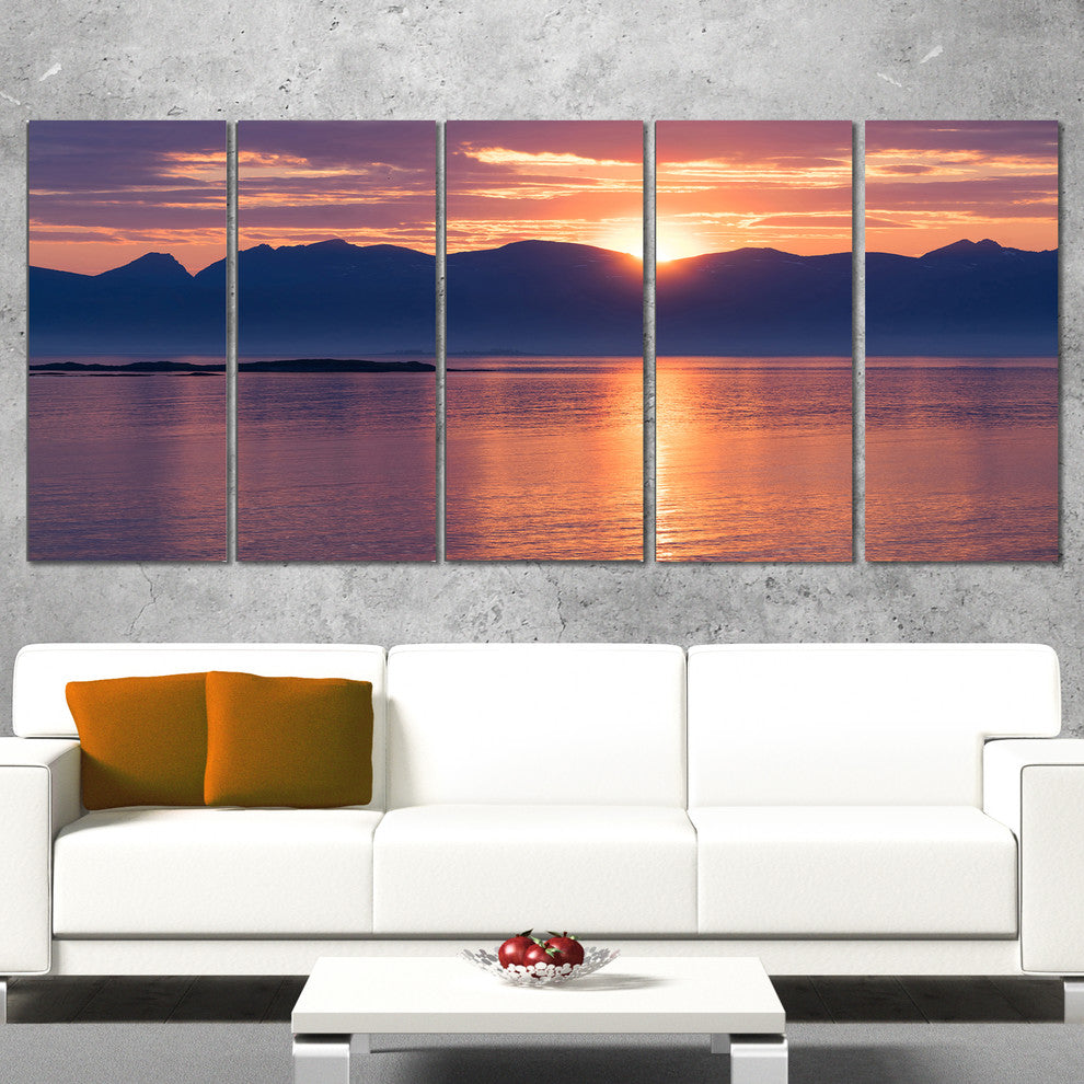 "Norwegian Seashore At Sunset" Modern Seascape Canvas Artwork, 5 Panels, 60"x28"