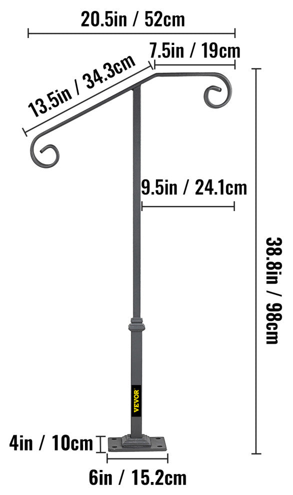 Single Post Handrail Wrought Iron Grab Supports Fits 1 or 2 Steps, Gray