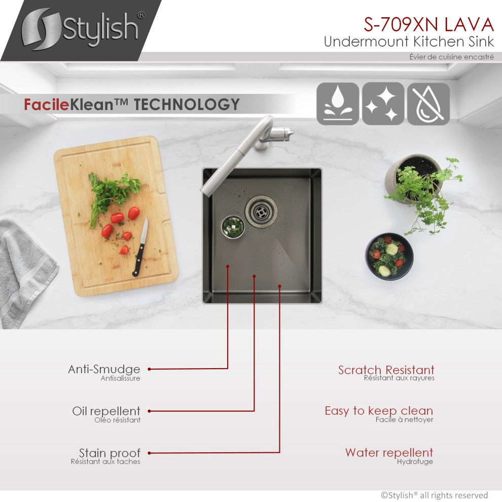 STYLISH 16in Graphite Black Single Bowl Undermount Stainless Steel Kitchen Sink