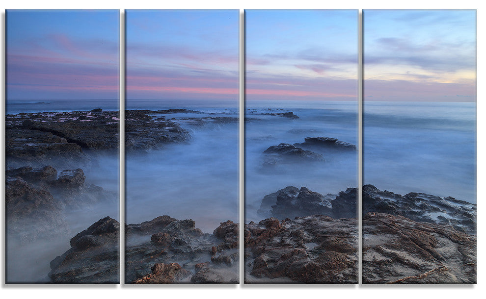 "Long Exposure At Sunset Over Rocks" Modern Beach Wall Art, 4 Panels, 48"x28"