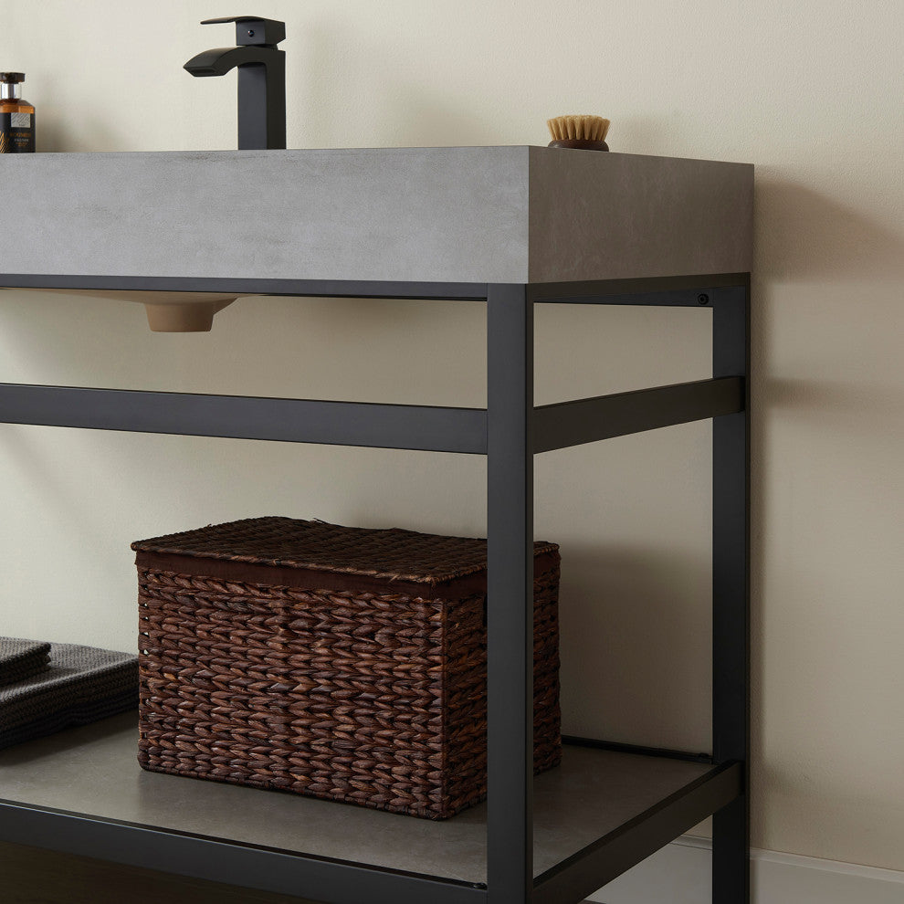 Funes Bath Vanity with Mirror, Matte Black Support, 48'', Grey Stone Top