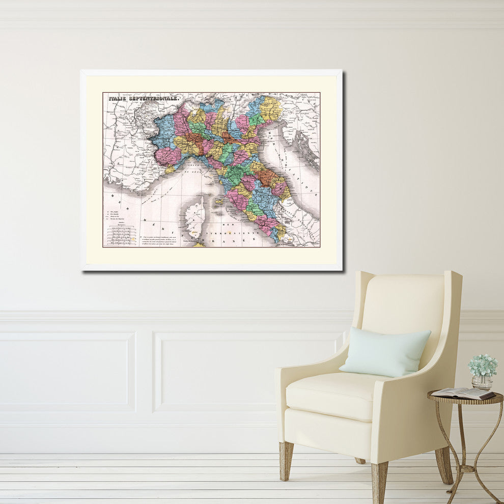 North Italy Vintage Old Map Print On Canvas With Picture Frame 28" X 37"