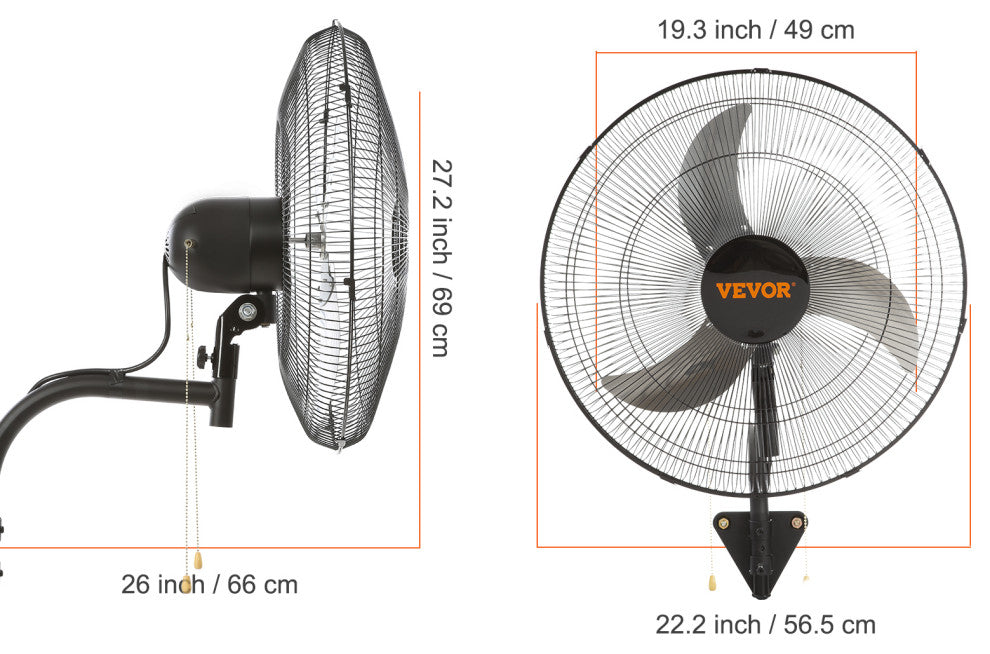 VEVOR Industrial Wall Mount Fan Oscillating Metal Fan 3 Speed, 20"