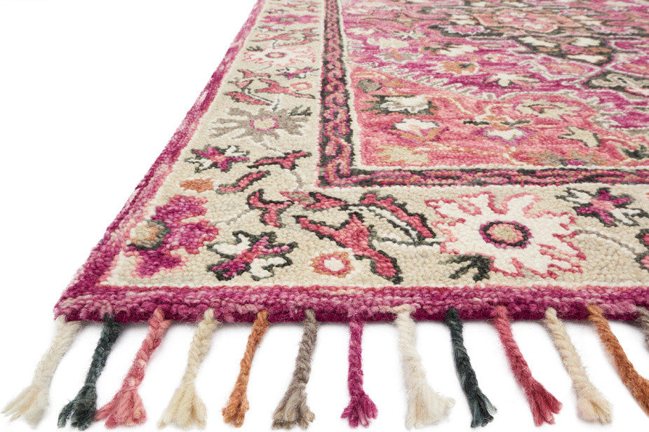 Wool Hand Hooked Colorful Tassels Zharah Area Rug, Raspberry / Taupe, 2'-6" X 7'