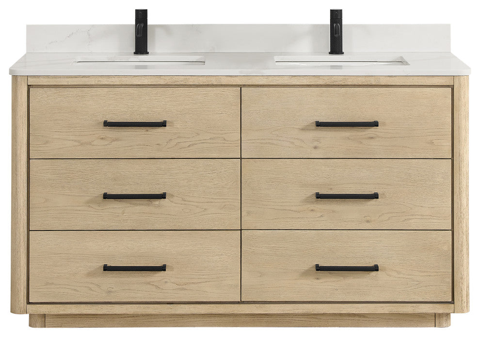 Porto Bath Vanity with White Quartz Stone Top, Natural Oak, 60 in., No Mirror