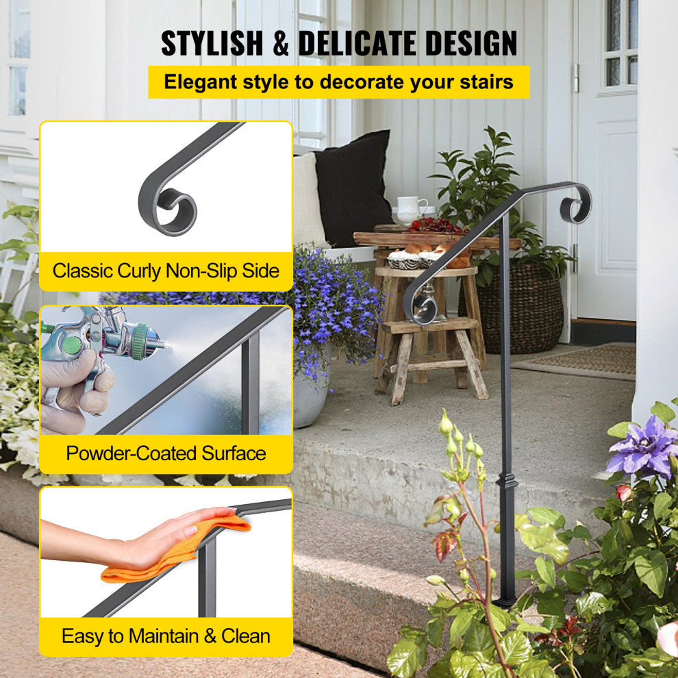 Single Post Handrail Wrought Iron Grab Supports Fits 1 or 2 Steps, Gray