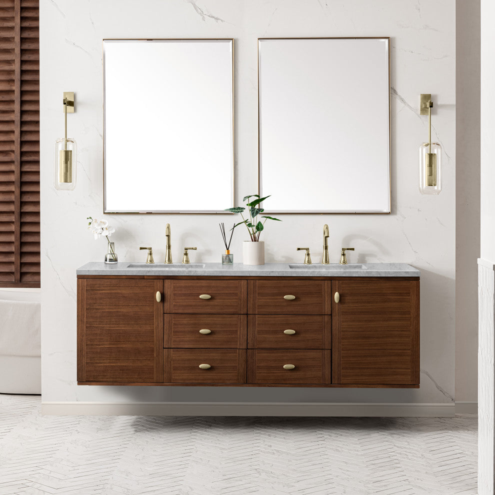 Amberly 30" Single Vanity, Mid-Century Walnut, 72", Carrara Marble, Three-Hole
