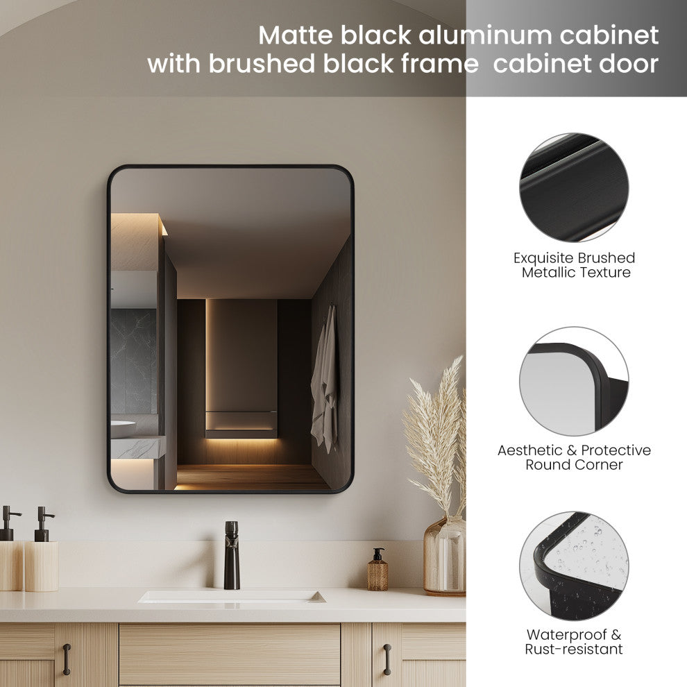 Talayuela Framed Medicine Cabinet With Mirror, Brushed Black Frame, 24"w X 32"h