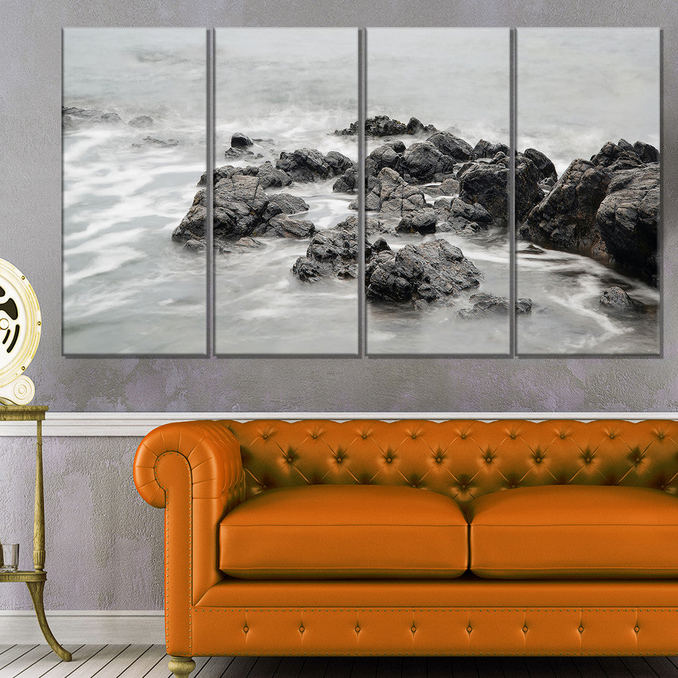 "Black and White Rocky Coastline" Wall Art, 48"x28", 4-Panels