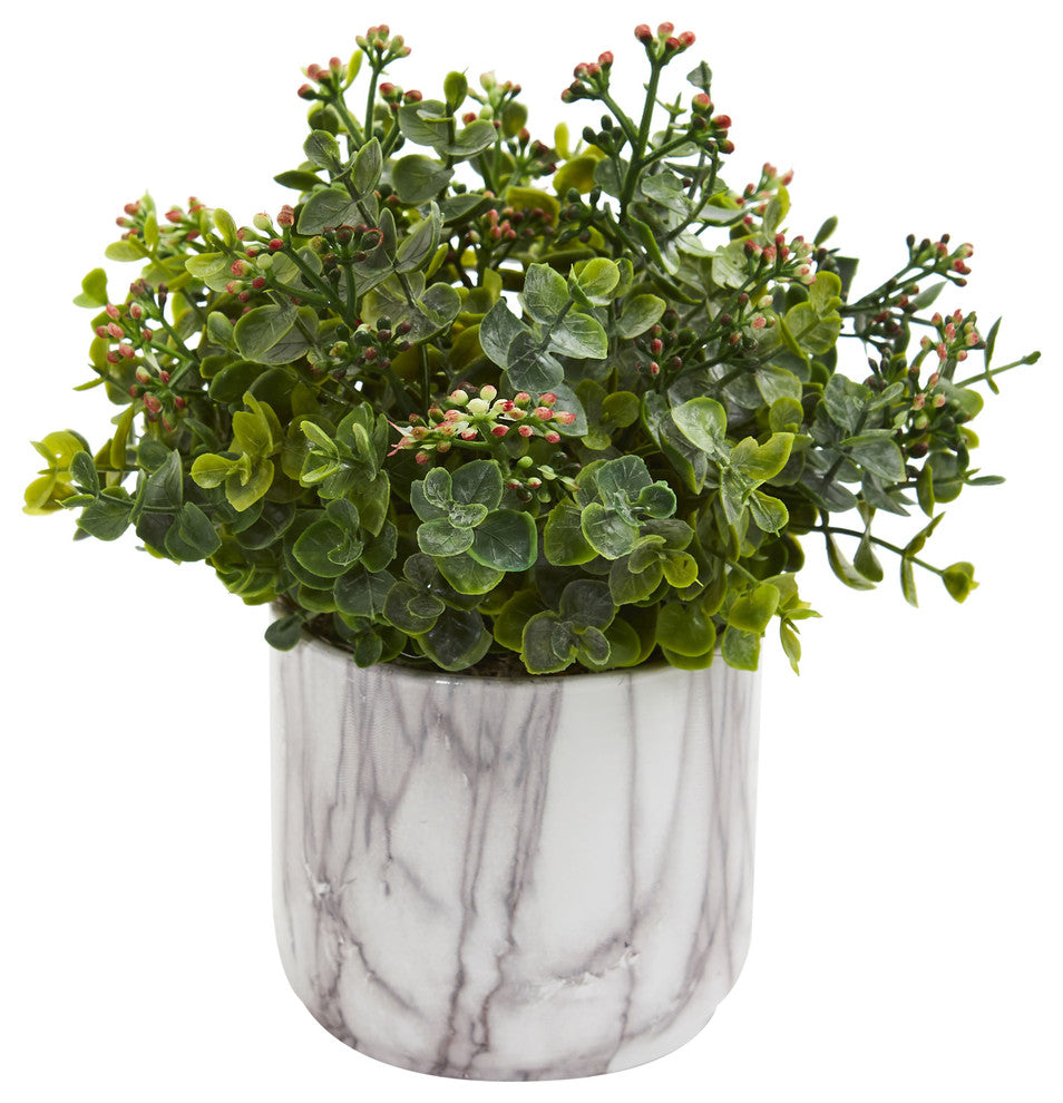 Eucalyptus Artificial Plant in Marble Finished Vase, Green