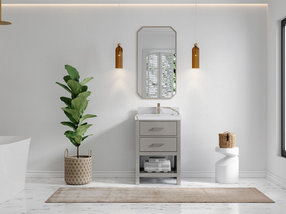 Parker 24" Single Sink Bath Vanity, Elephant Skin Gray 2" Calacatta Gold