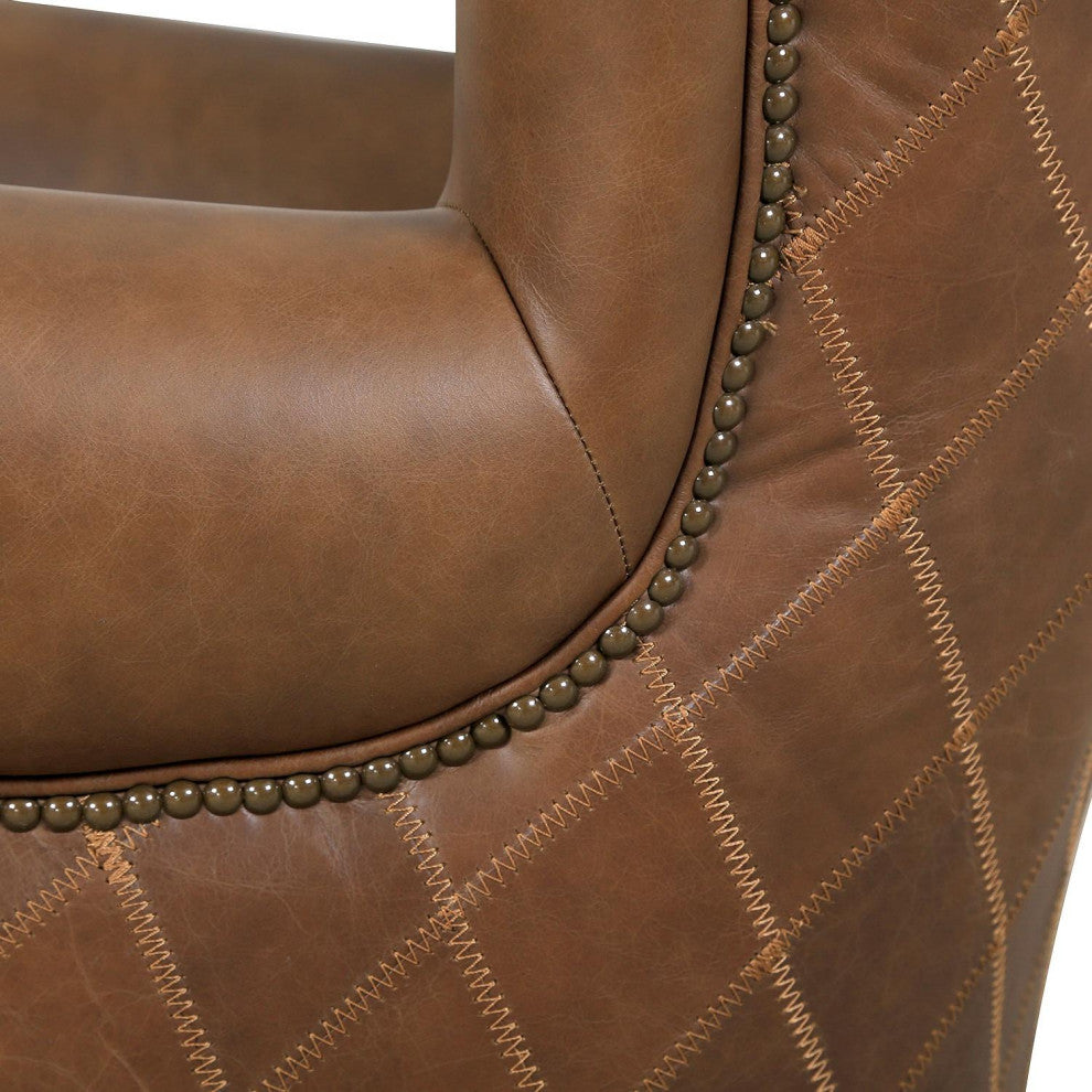 Pasargad Home Harrison Top Grain Leather Upholstered Wing Chair, Brown