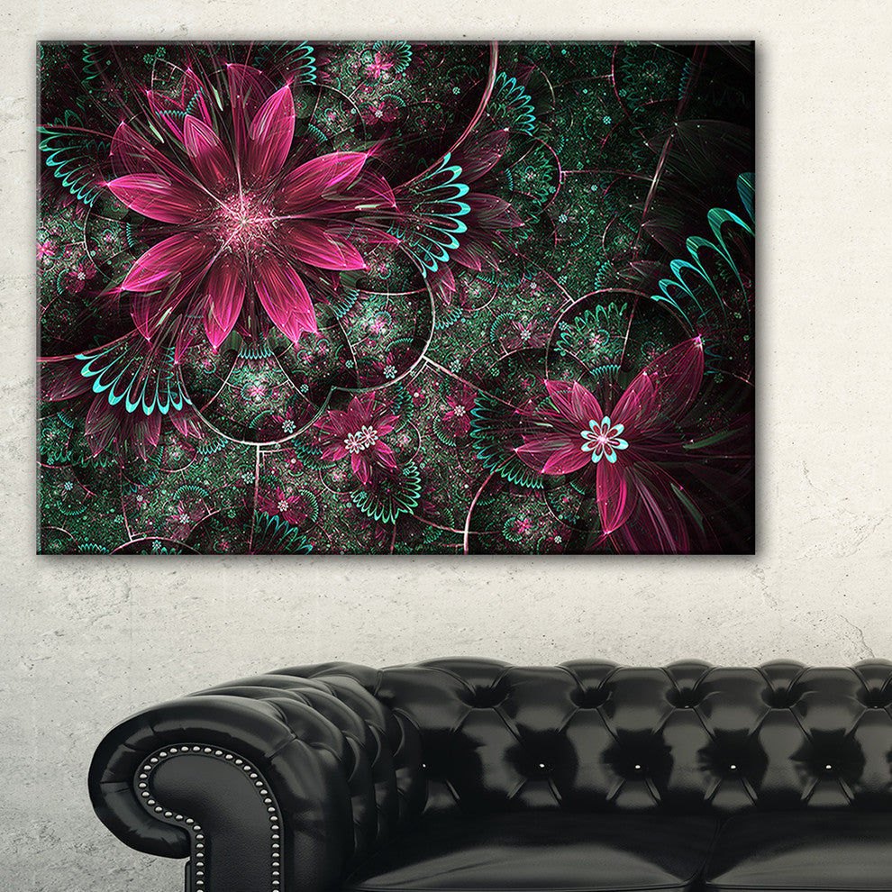 "Glossy Green and Red Fractal Flowers" Floral Wall Art Canvas, 32"x16"