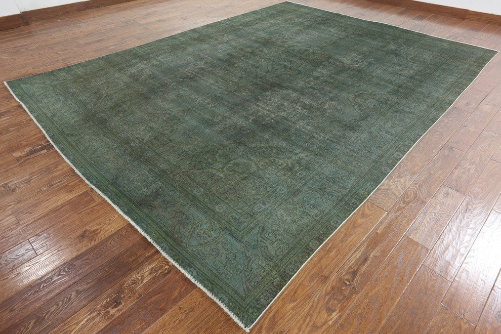 Unique Overdyed Collection Floral 10'x13' Green Hand Knotted Wool Area Rug H8693