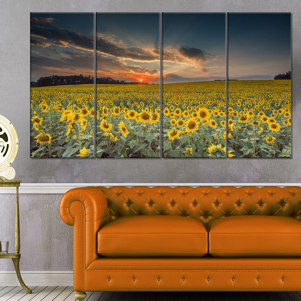 Sunflower Sunset with Cloudy Sky, Large Landscape Canvas Art, 48"x28", 4 Panels