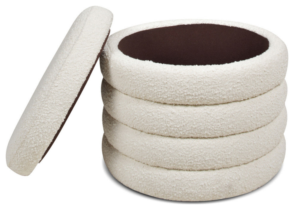 Fuji 19" Oversized Horizontal Tufted Round Storage Ottoman, Ivory White Boucle