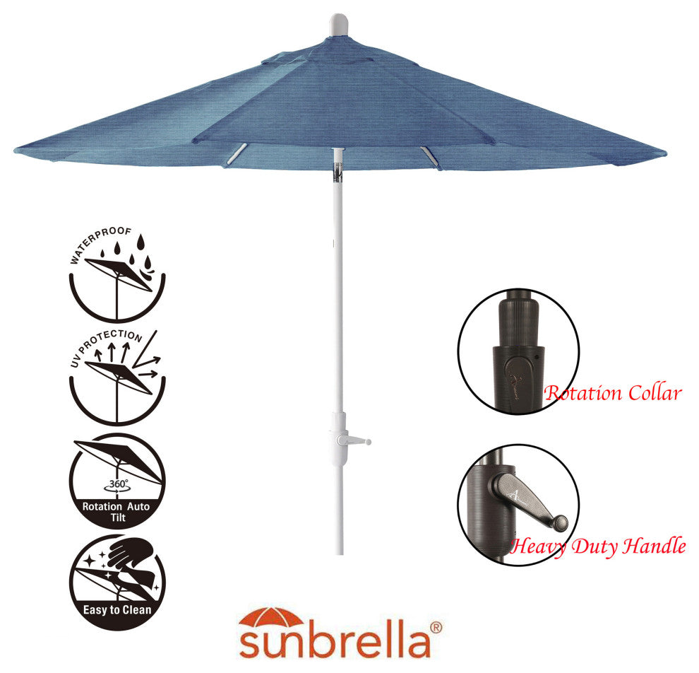 9' Round 360 Rotating Auto Tilt Umbrella, White, Sunbrella, Sapphire Blue