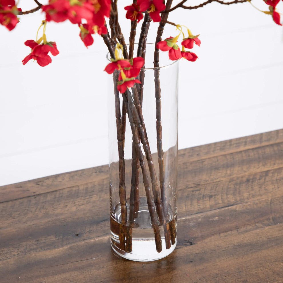 32" Artificial Cherry Blossom Arrangement, Cylinder Glass Vase, Red