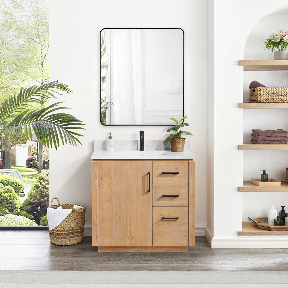 San Bath Vanity with Stone Top, Fir Wood Brown, 36", Single Vanity, With Mirror