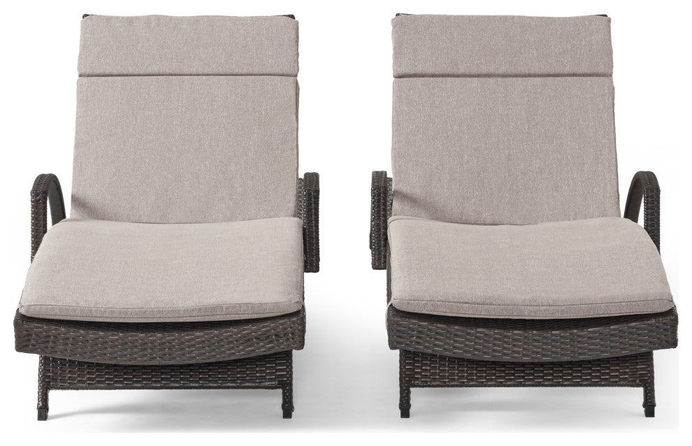 GDF Studio Ann Outdoor Wicker Chaise Lounge With Arms and Cushion, Set of 2, Charcoal
