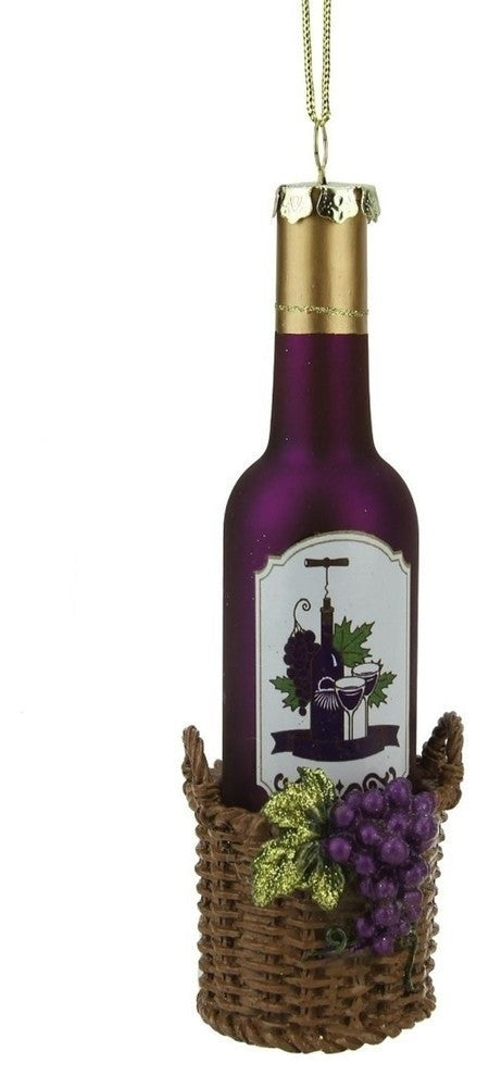 6.25" Tuscan Winery Glass Wine Bottle in Basket Christmas Ornament, Purple