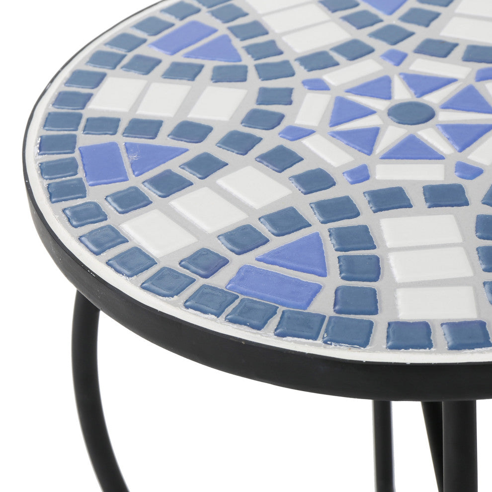 GDF Studio Harington Outdoor Blue and White Ceramic Tile Iron Frame Side Table