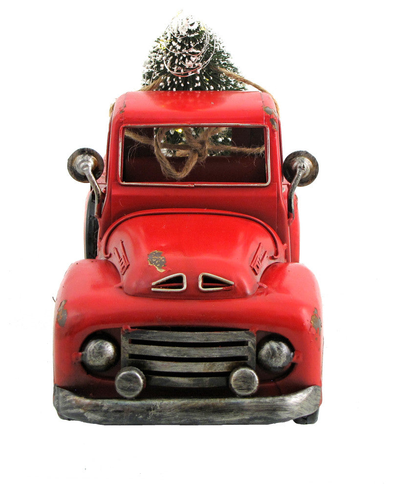 16" Distressed Red Pickup Truck With Christmas Tree